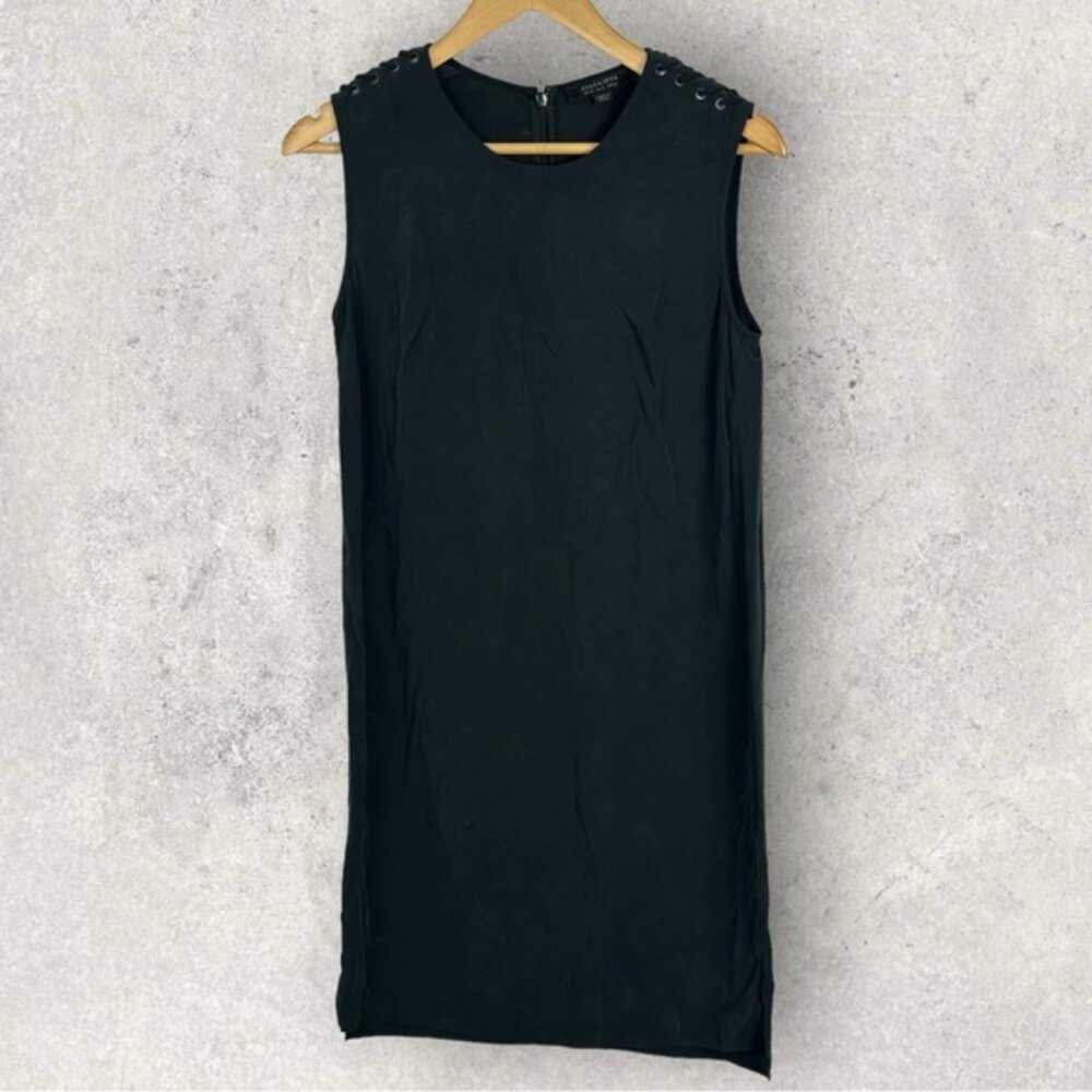 Allsaints Kaili Black Laced Dress Size 2 Shift Minimalist Split 100% Modal Mini - Picture 3 of 14